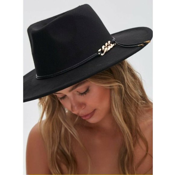 FEDOR LARGE BRIM FELT HAT BLACK WITH GOLD CURB CHAIN DETAILING SIZE M/L NWT - Picture 3 of 10